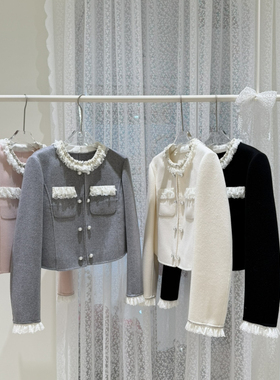 冬上新拼色蕾丝圆领单排扣羊毛外套（含10羊绒）