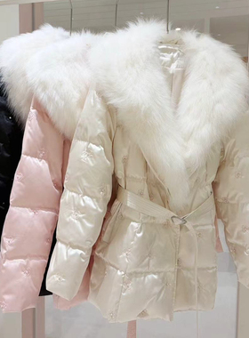 冬上新轻奢氛围感刺绣保暖羽绒服外套(配腰带，可拆真狐狸毛毛领)