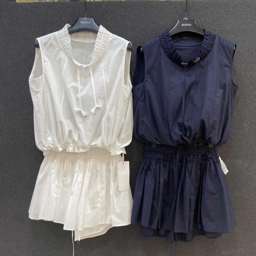 夏上新立领宽松花边小衫+抽绳短款裙裤两件套套装（含100%棉料）