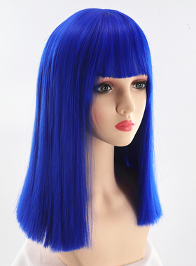 假发女蓝色齐刘海40cm一刀切波波头洛丽塔GAGA假发cos动漫模特
