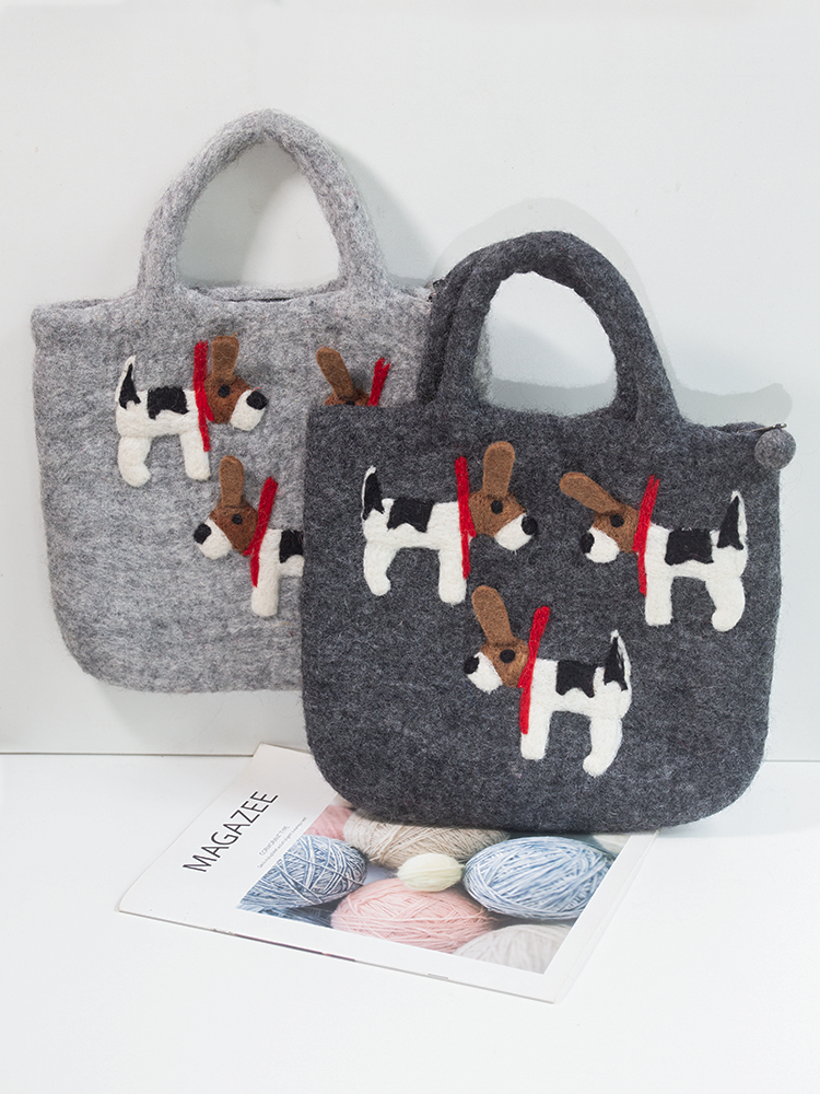尼泊尔进口手工羊毛毡小狗动物灰色系手拎包文艺少女网红手拧包