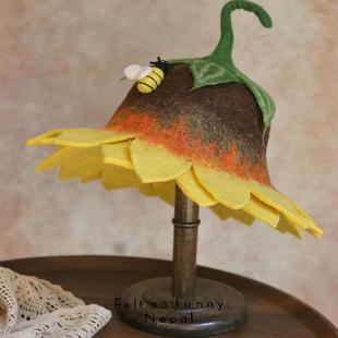 羊毛毡湿毡森系太阳花帽子成品小众设计纯手工羊毛复古摄影工作室