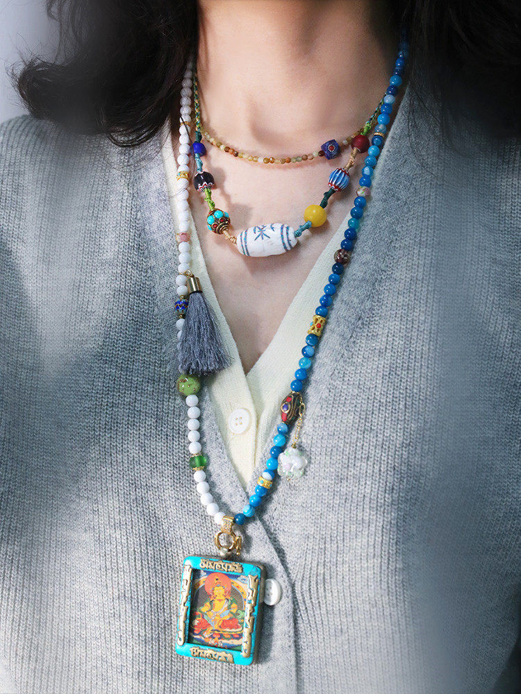 西藏唐卡挂链泰国佛牌项链原创设计撞色个性玛瑙潮流情侣万能链
