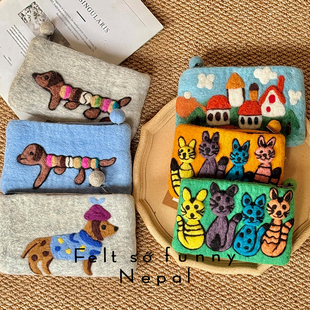 尼泊尔手工羊毛毡可爱卡通狗狗猫咪动物造型零钱包创意简约手机包