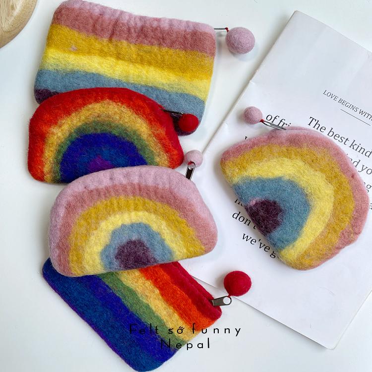 尼泊尔手工彩虹羊毛毡零钱包