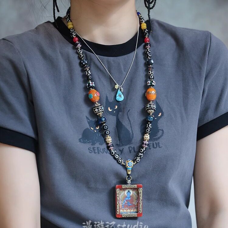 原创设计藏式唐卡项链黑金佛牌链子民族风手工编织毛衣链复古个性