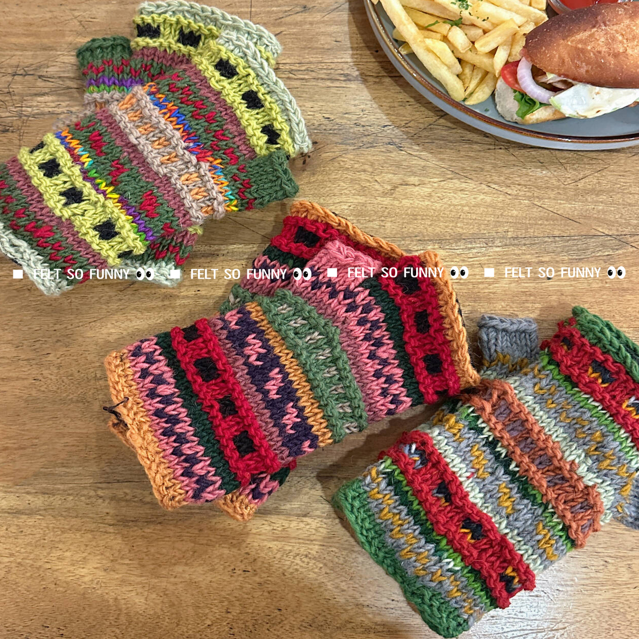 进口日系配色民族复古保暖半指手套女冬季手工羊毛针织可触屏手套