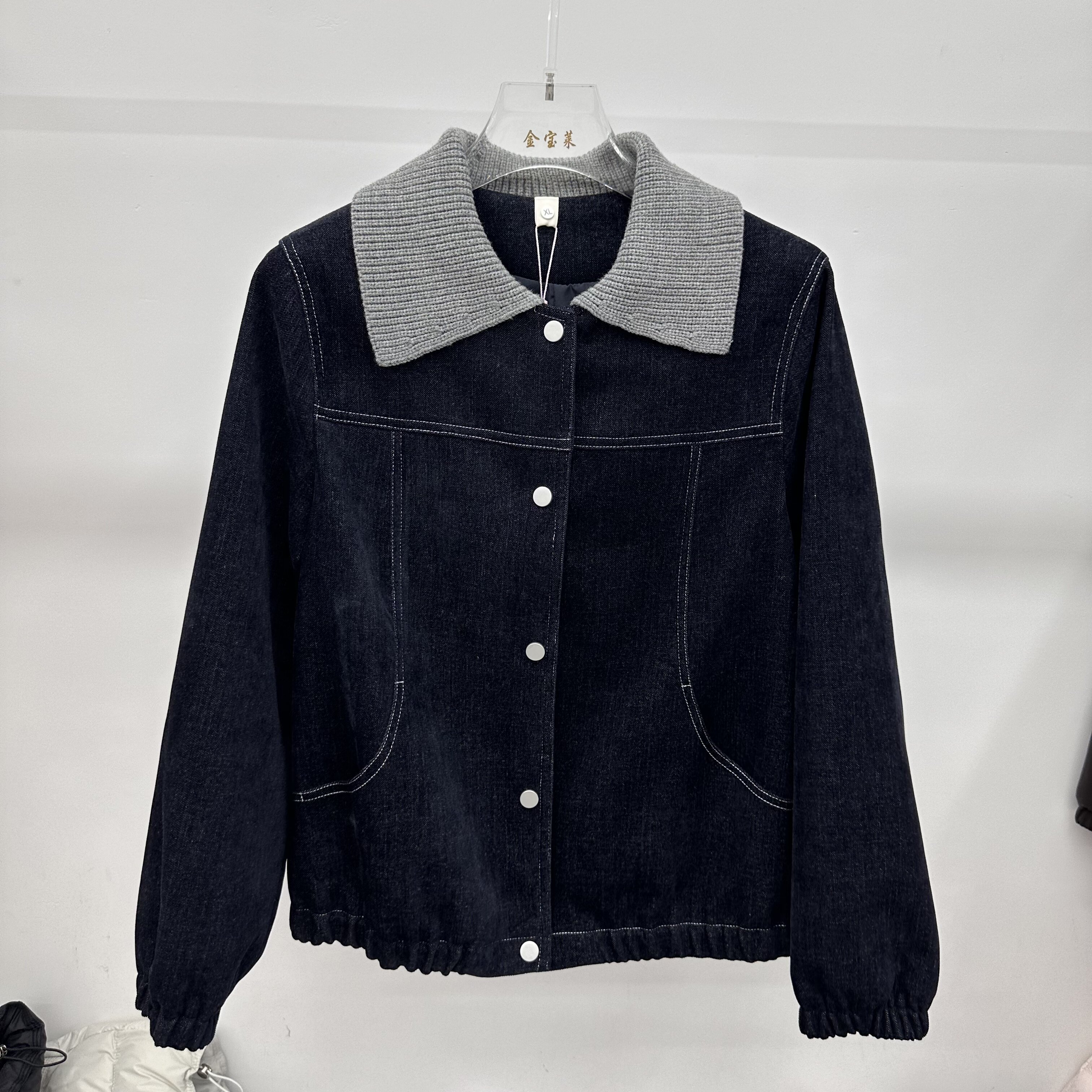 金宝莱W01专柜正品新款秋季女装时尚毛线领宽松休闲牛仔棉短外套