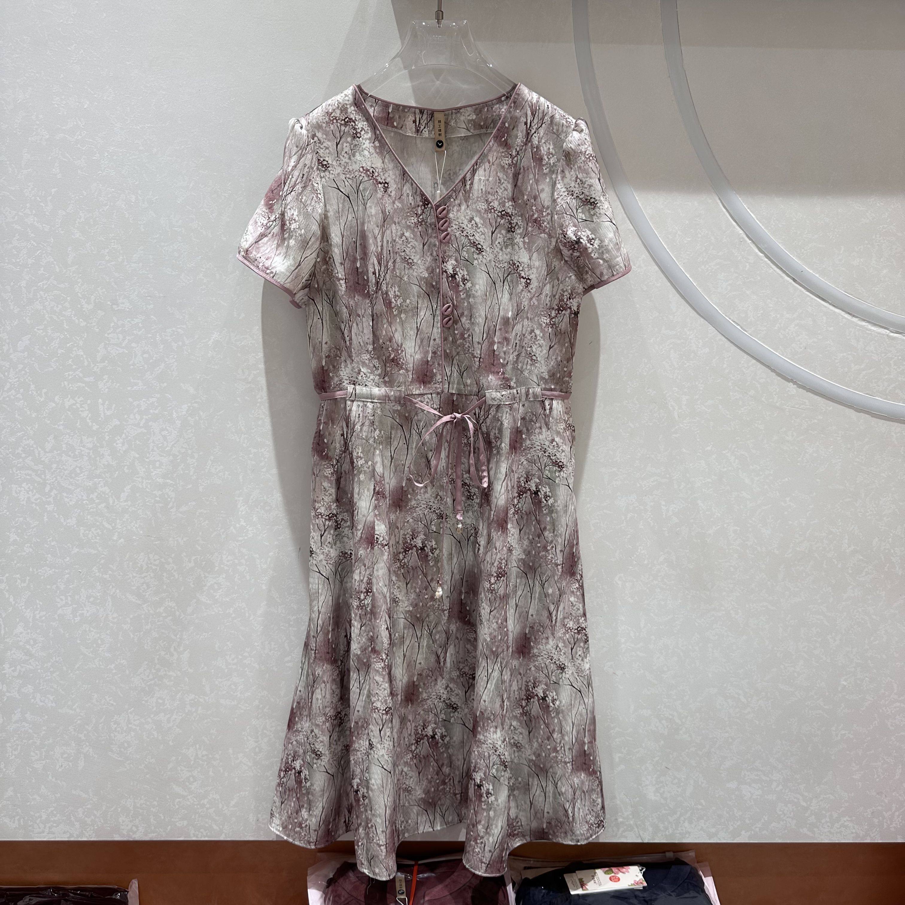 78A73专柜正品新款夏季女装V领短袖系腰中长妈妈装雪纺连衣裙AA