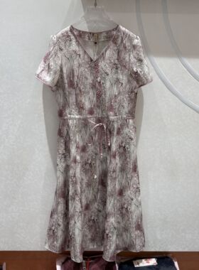 78A73专柜正品新款夏季女装V领短袖系腰中长妈妈装雪纺连衣裙AA