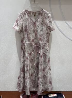 78A73专柜正品新款夏季女装V领短袖系腰中长妈妈装雪纺连衣裙AA