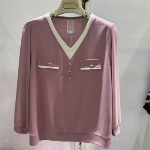 秋季 女装 时尚 金卡丹23B 针织衫 新款 V领拼接雪纺袖 上衣 06专柜正品