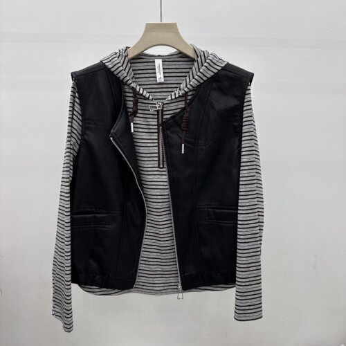 8819专柜正品新款秋季女装时尚皮马甲+长袖条纹上衣妈妈装两件套