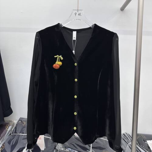2025B-25专柜正品新款秋季女装时尚V领金丝绒大码妈妈装打底上衣