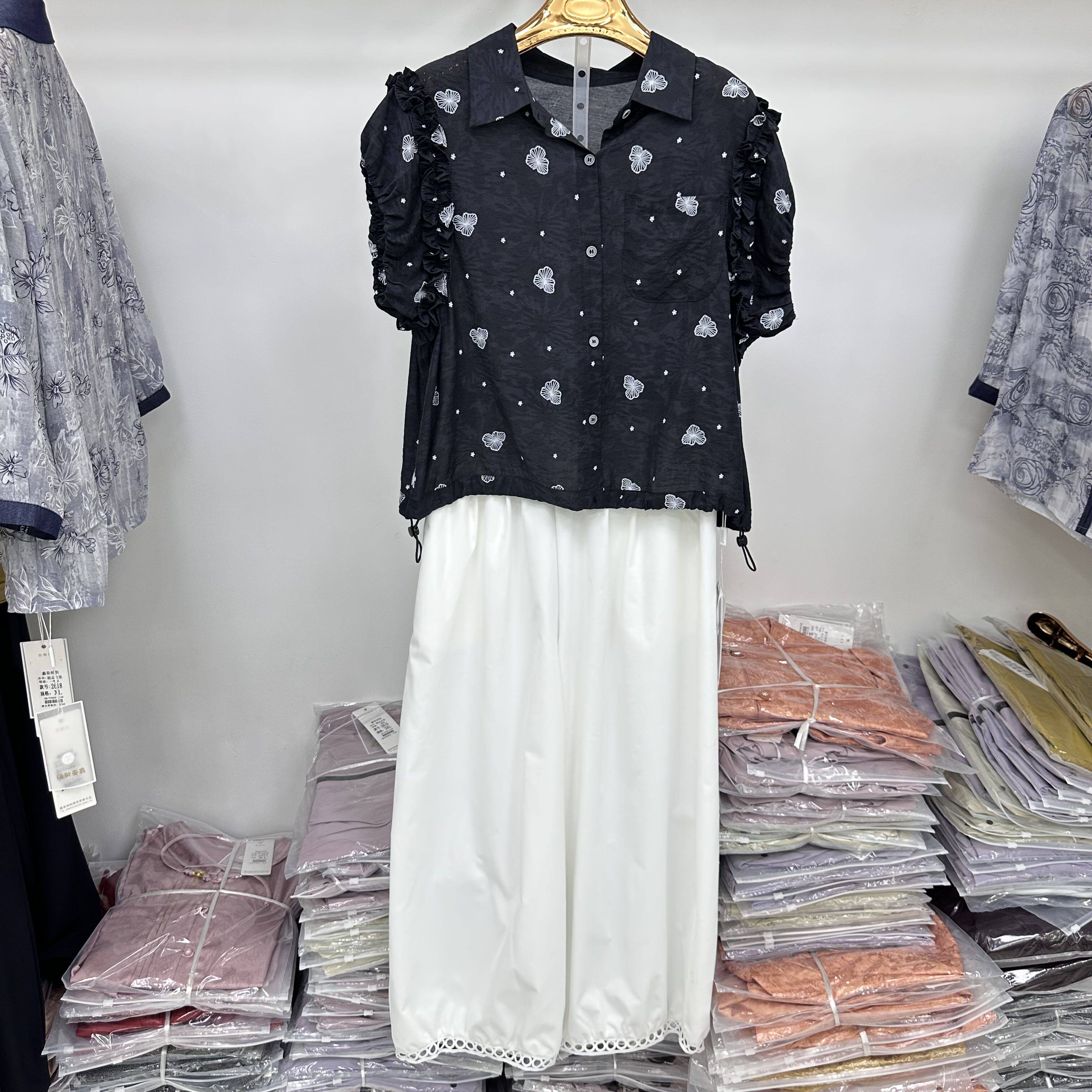 2805专柜正品新款夏季女装时尚翻领短袖上衣+阔腿裤妈妈装两件套