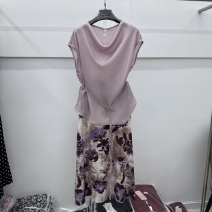 409专柜正品新款夏季女装拼接假两件短袖妈妈装中长雪纺连衣裙09