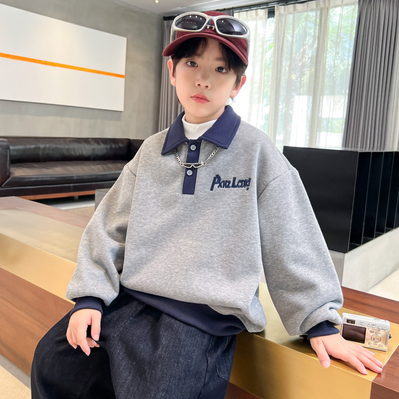 男童加绒卫衣长袖POLO衫一体绒秋冬款2025新款儿童冬装加厚上衣