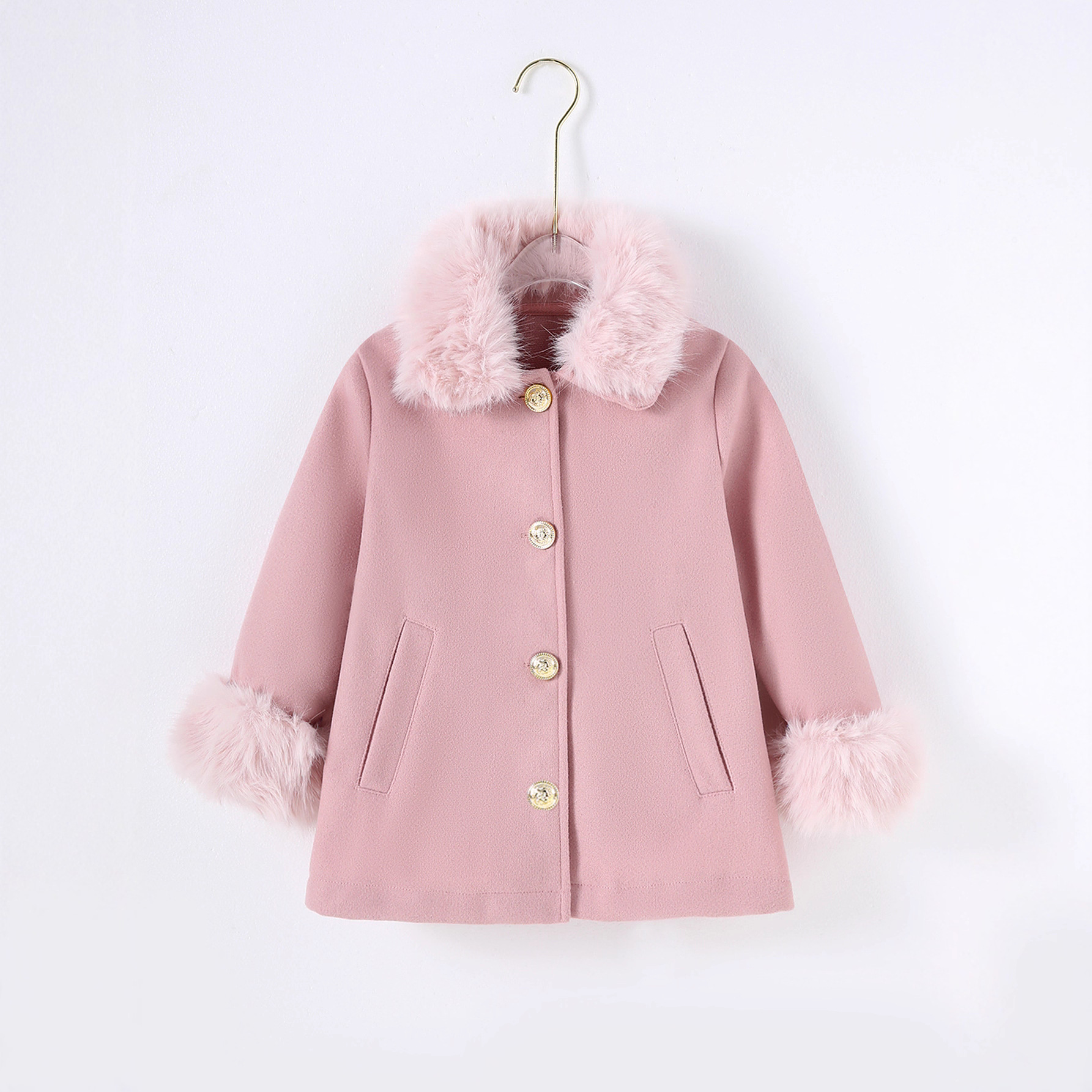 速卖通跨境新款女童时尚毛领毛毛袖短款呢子外套韩版斗篷呢子大衣