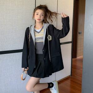 学院风假两件西装外套女春秋2025独特超火设计感小众休闲连帽西服,女装西装,浙宝266