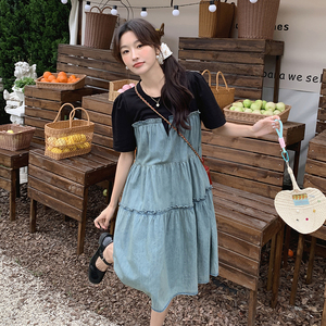 高级感复古假两件薄款牛仔连衣裙女夏2025超火好看慵懒松弛感长裙图片