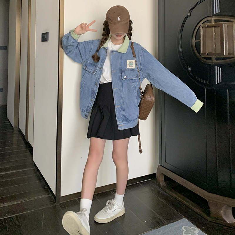 蓝色拼接灯芯绒翻领牛仔外套女春秋新款韩版气质宽松夹克百搭上衣,女装短外套,浙宝266