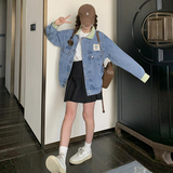 蓝色拼接灯芯绒翻领牛仔外套女春秋新款韩版气质宽松夹克百搭上衣，女装短外套，浙宝266