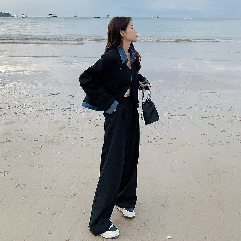牛仔拼接假两件西装套装女2025春季新款韩版设计感小众休闲两件套,女装套装/套裙,浙宝266