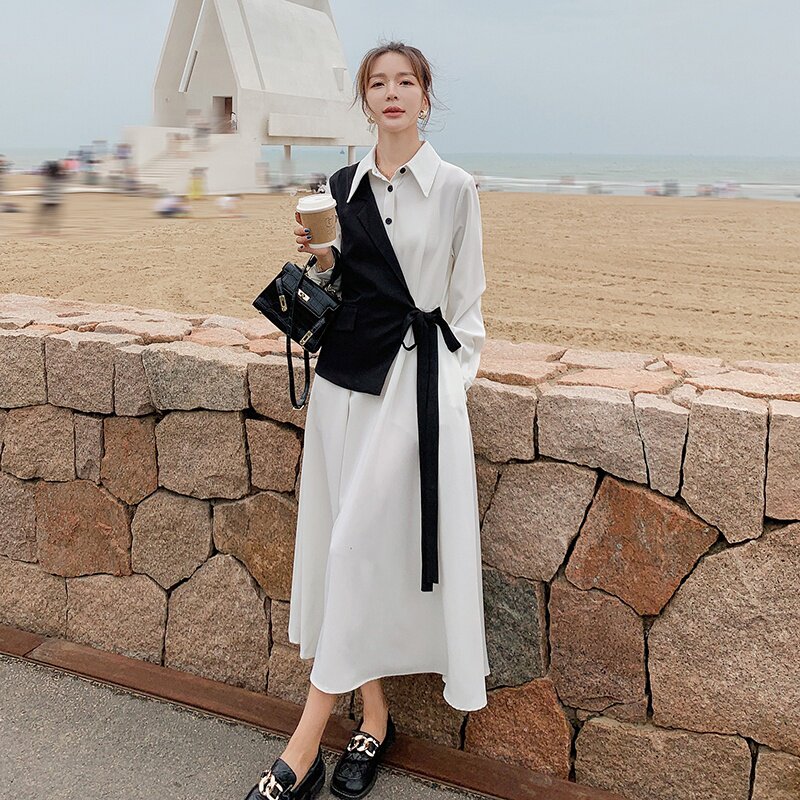 档口现货撞色假两件连衣裙西装面料品质好266-6686,女装连衣裙,浙宝266