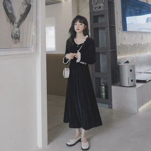 档口现货 网红同款 蕾丝花边 金丝绒竖条连衣裙266-6685,女装连衣裙,浙宝266