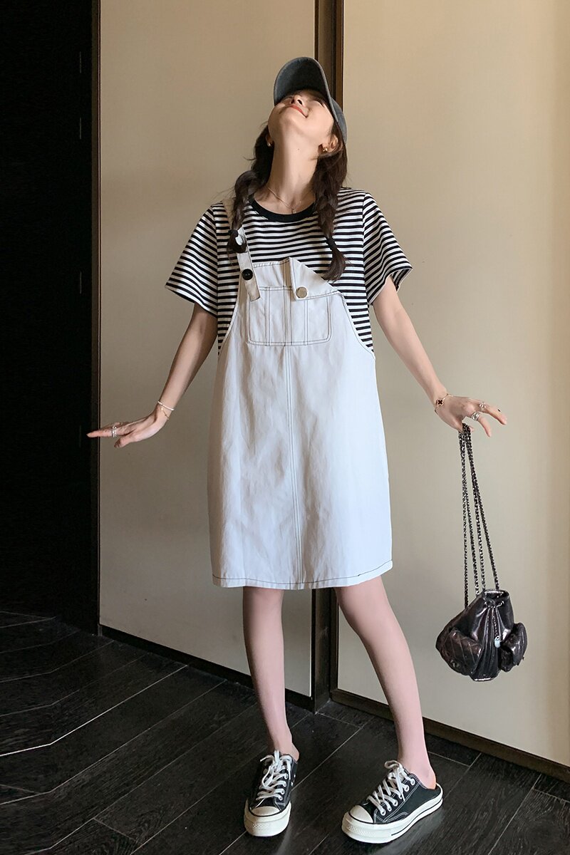 长裙短袖拼接夏季挂脖式连衣裙条纹假两件减龄网红,女装连衣裙,浙宝266
