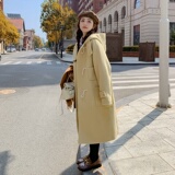 韩版学院风连帽牛角扣毛呢大衣女2025秋冬季新款显瘦长款呢子外套，女装毛呢外套，浙宝266