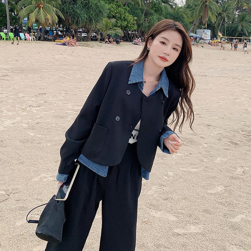 牛仔拼接假两件西装套装女2025春季新款韩版设计感小众休闲两件套,女装套装/套裙,浙宝266