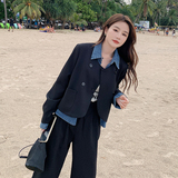 牛仔拼接假两件西装套装女2025春季新款韩版设计感小众休闲两件套，女装套装/套裙，浙宝266