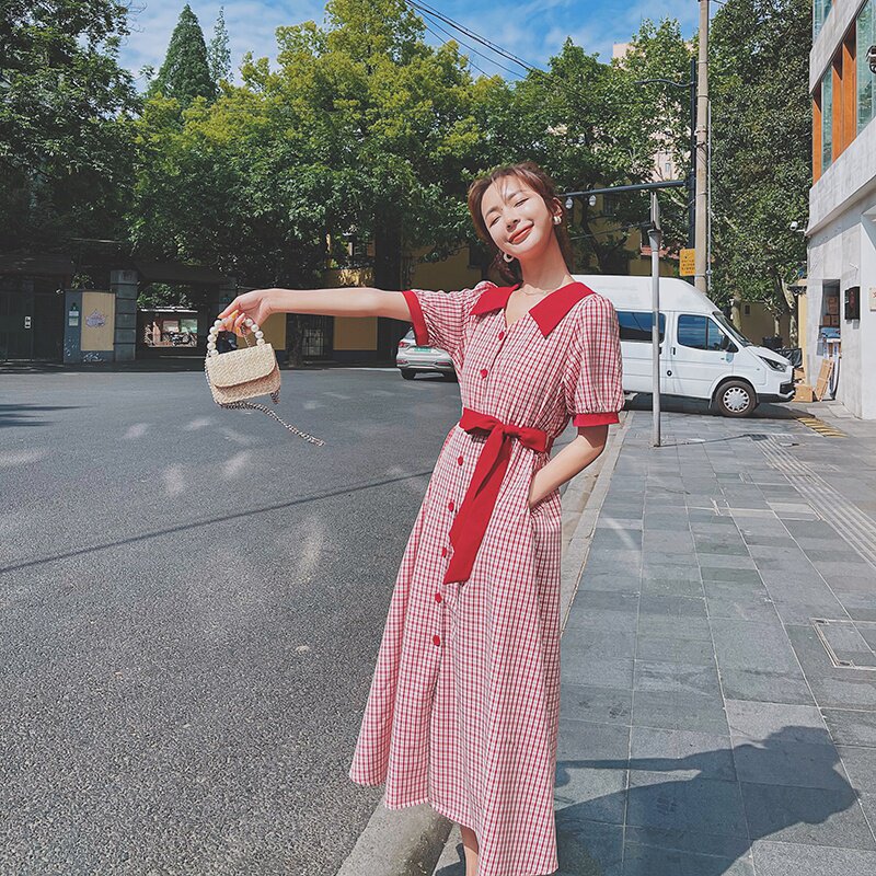 15号出货2021新款撞色红格法式泡泡袖连衣裙266-6675-P105K158,女装连衣裙,浙宝266