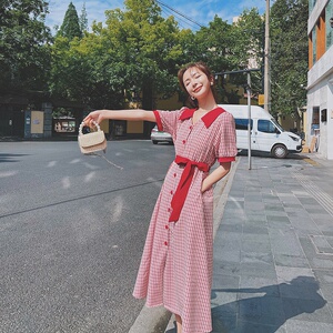 15号出货 2021新款 撞色红格 法式泡泡袖连衣裙266-6675-P105K158图片