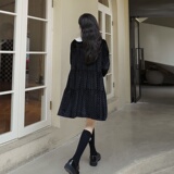 大货已出2023新款撞色娃娃领棋盘格丝绒连衣裙266--2265，女装连衣裙，浙宝266