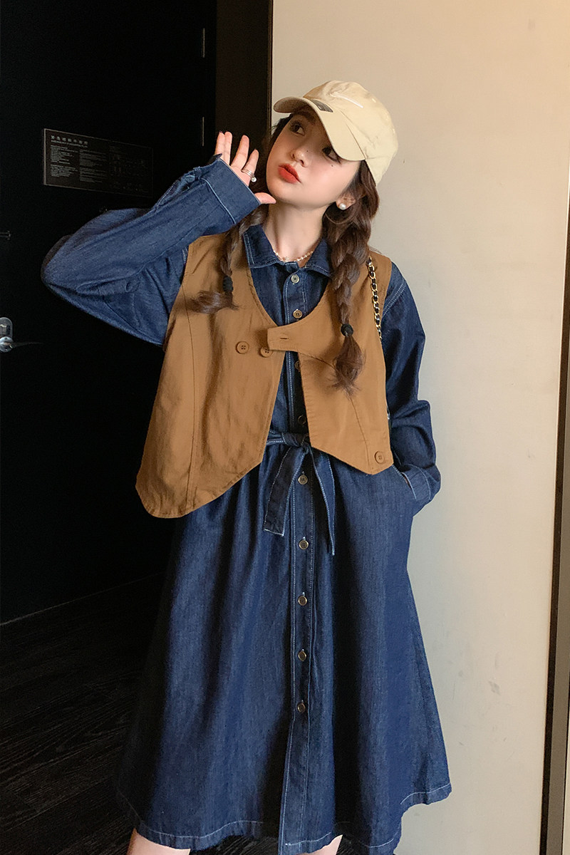 大货已出新款牛仔连衣裙咖色马甲两件套266-2312-P135K188,女装连衣裙,浙宝266