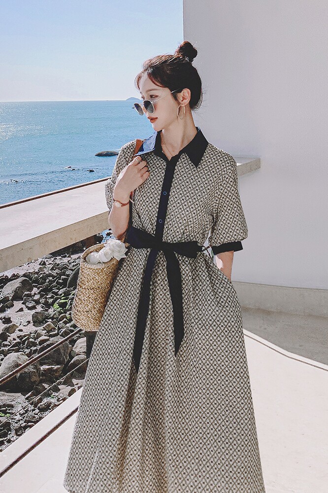 现货盐缩全棉品质高格子花撞色连衣裙266-6677,女装连衣裙,浙宝266