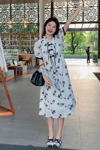 温柔赫本风新中式国风连衣裙水墨画2025新款女夏盘扣设计感印花裙图片