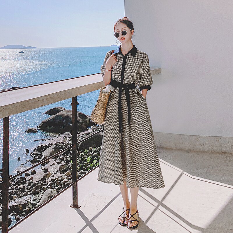 法式复古黄色格子衬衫连衣裙女春夏收腰2025年新款显瘦设计感长裙,女装连衣裙,浙宝266