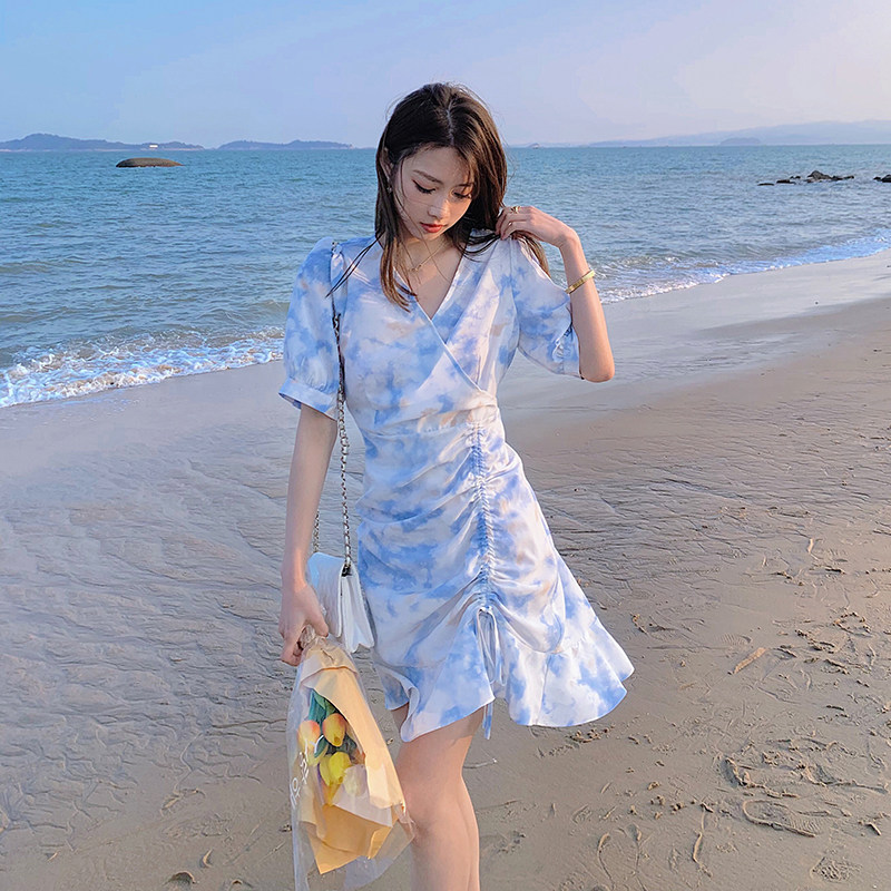 2021新款网红扎染油画抽绳抽皱连衣裙266-6662-P85K138,女装连衣裙,浙宝266