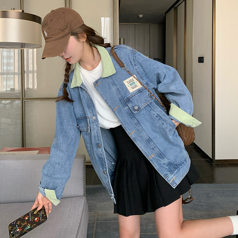蓝色拼接灯芯绒翻领牛仔外套女春秋新款韩版气质宽松夹克百搭上衣图片