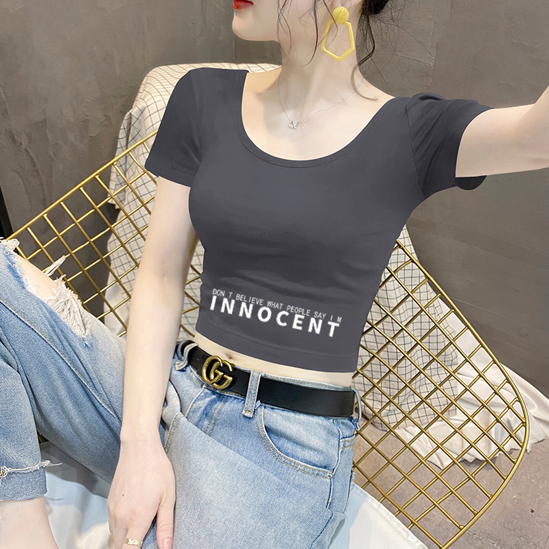 U领短袖T恤女2025夏季新款设计感高腰露脐半袖显瘦露背黑色上衣潮