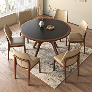 新品 黑桌桃胡木黑色岩餐桌轻奢圆桌小户型吃板饭桌子家用实木餐椅