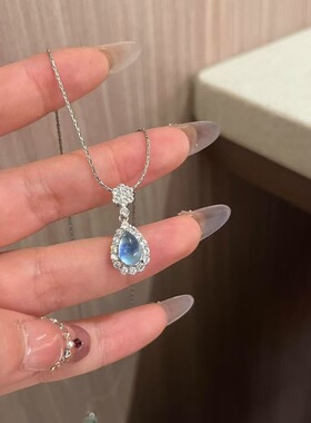 蓝色水滴吊坠项链高级感轻奢小众夏日设计锁骨链富家千金叠戴颈链