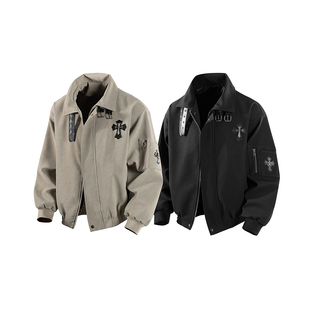 A440-JK1606-特P78贴皮十字架翻领短款夹克，男装夹克，电商A440