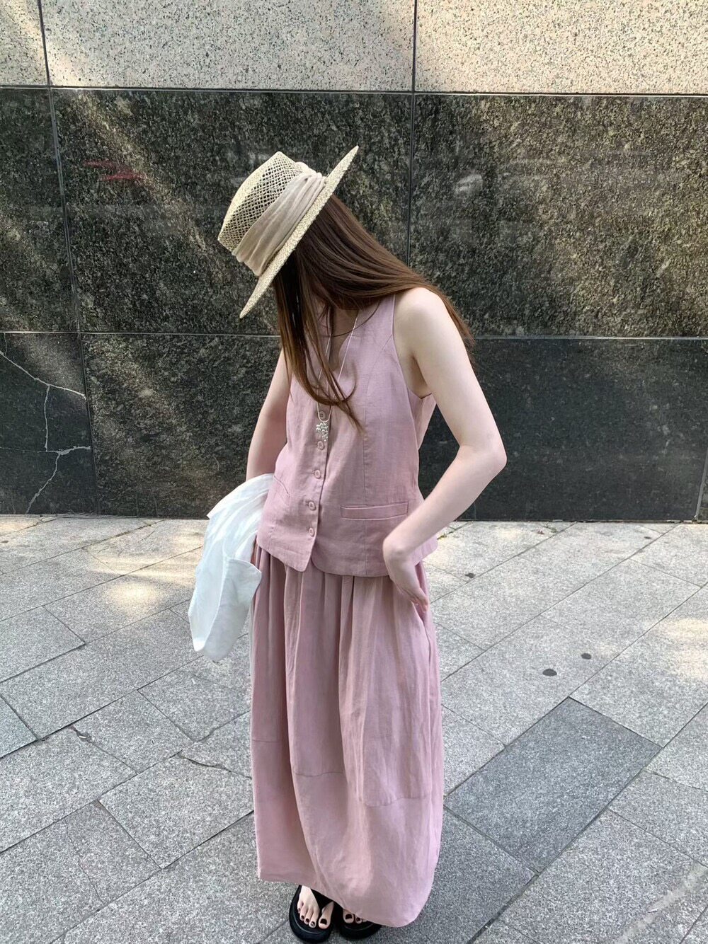 夏薄款亚麻V领无袖马甲裙套装