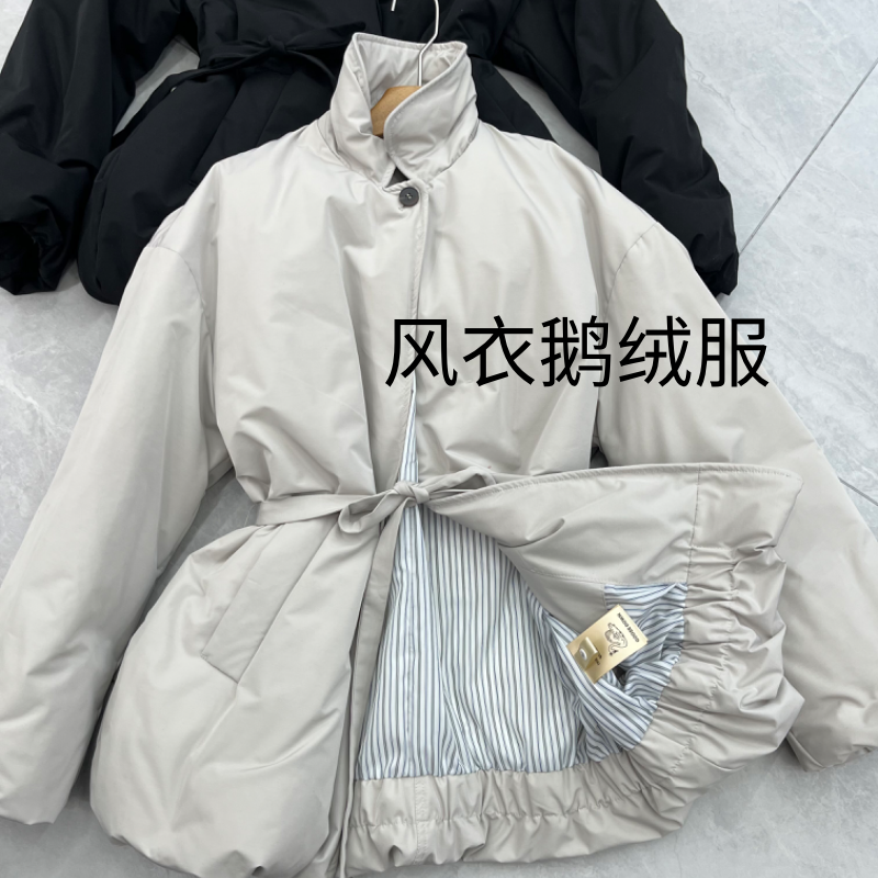 欧洲站2025新款冬季翻领90白鹅绒羽绒服女中长款腰带收腰显瘦外套