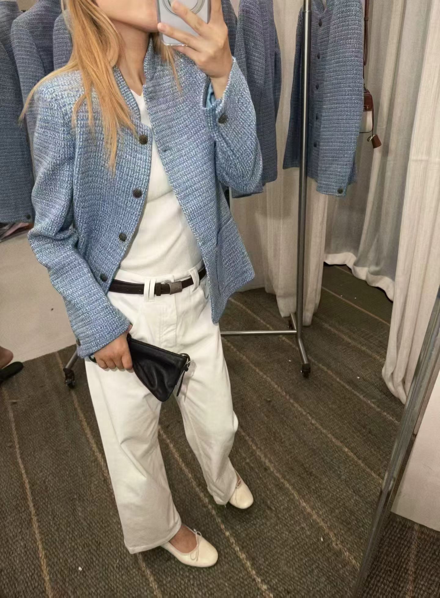 蓝色羊毛小香风粗花呢短外套女
