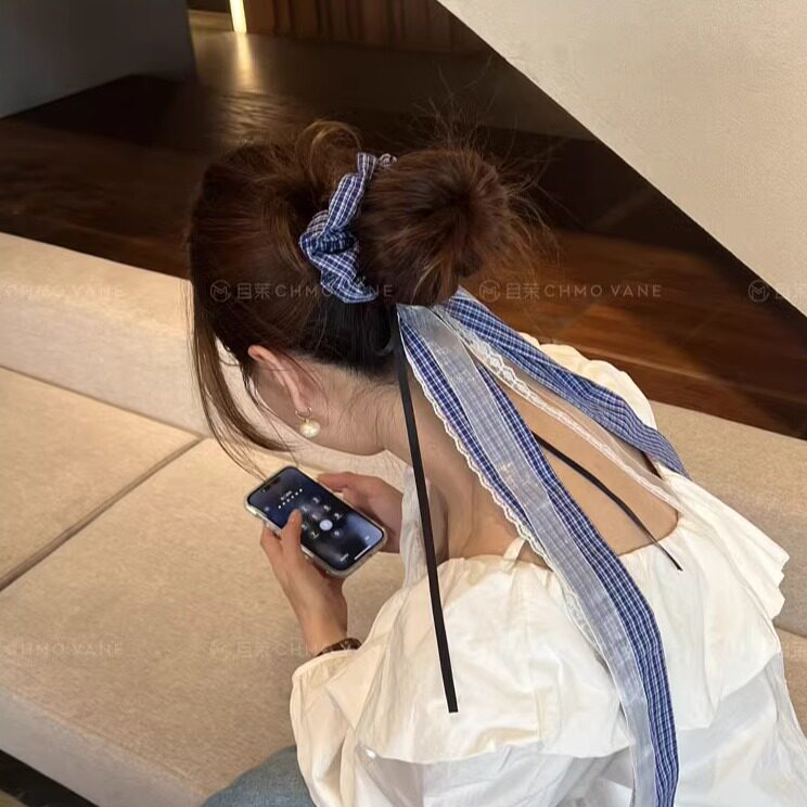 格纹飘带肠圈芭蕾风头饰新款